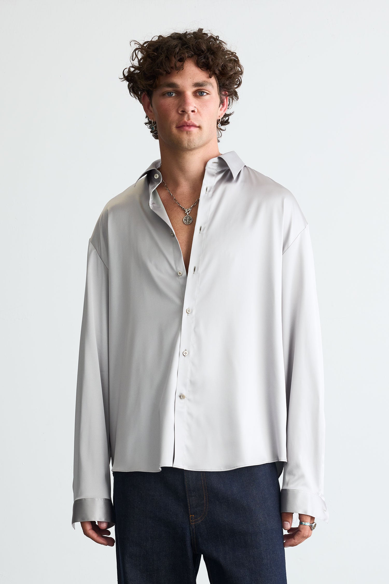 silver satin dress shirt Sliver Grey Shiny Shirt Long Sleeves Slim Fit Satin Material 2XL / Grey/Sliver / Slim Fit
