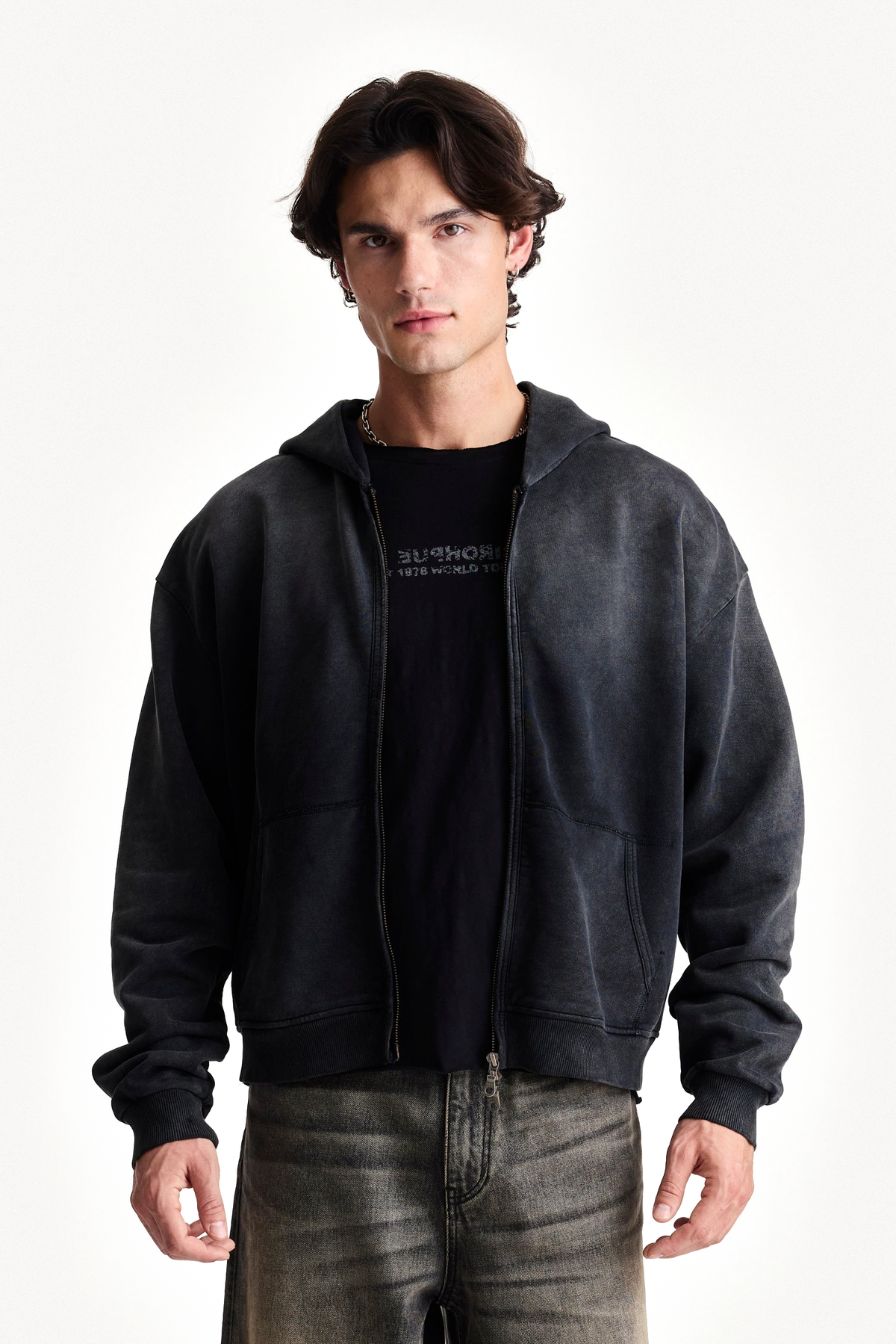 Zip Hoodie in Black, front view on model