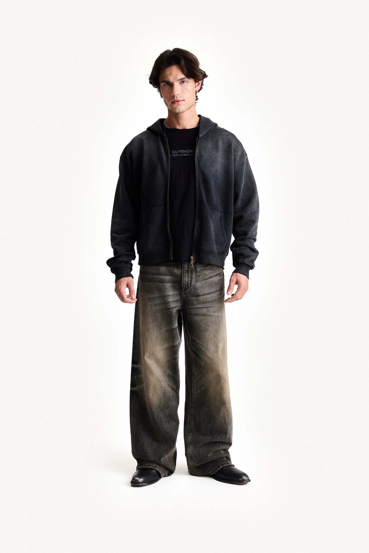 Zip Hoodie in Black, full-length front view on model