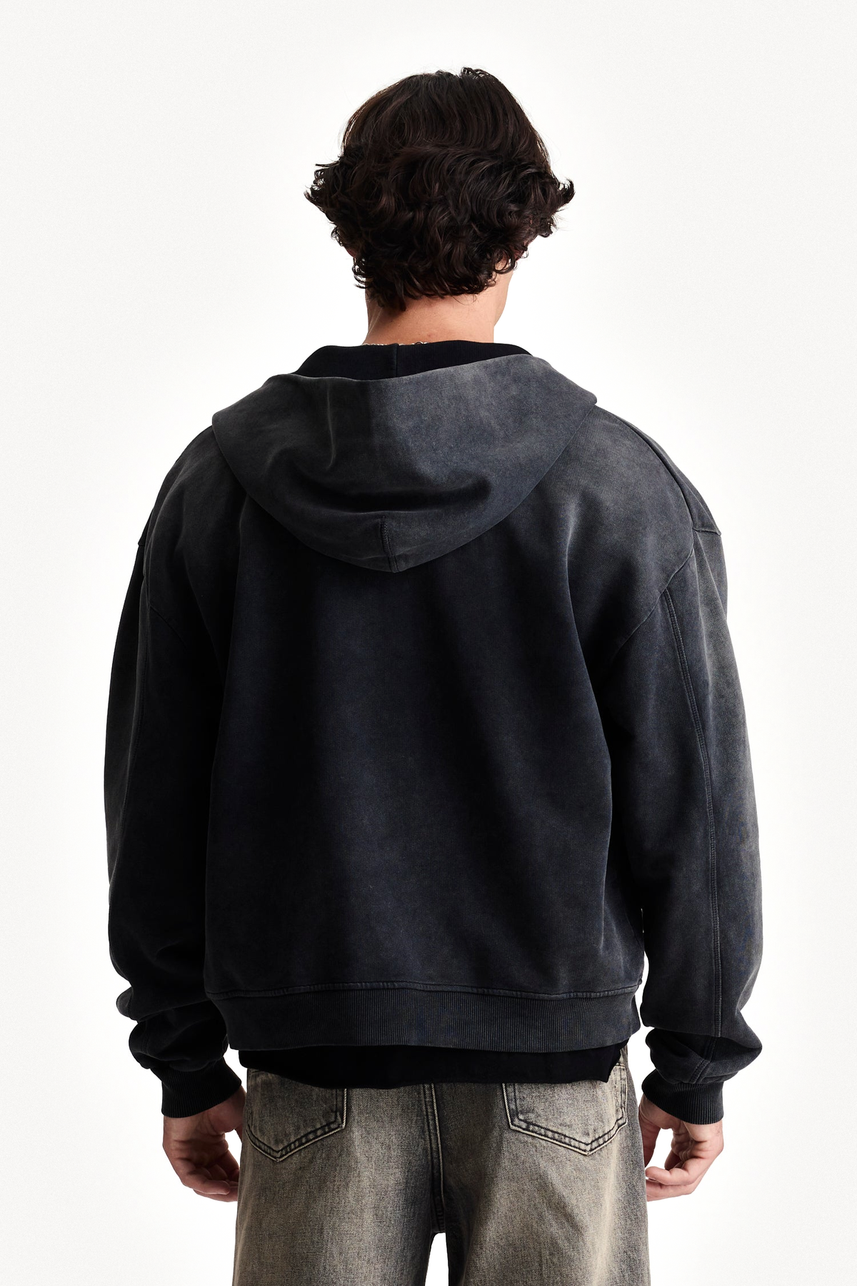 Zip Hoodie in Black, back view on model