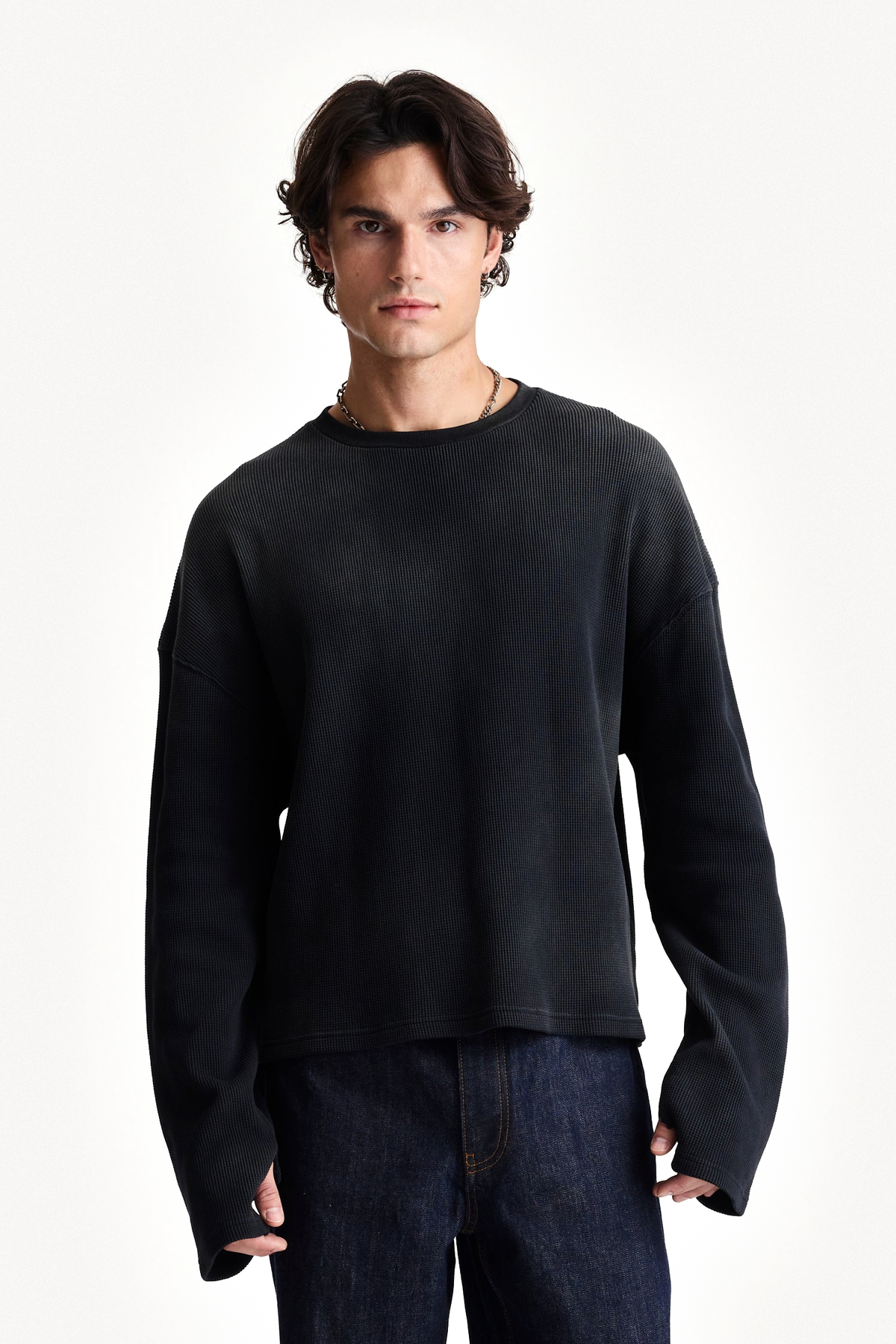 Charcoal Waffle Long Sleeve worn on a model, showing the fit and thumbholes