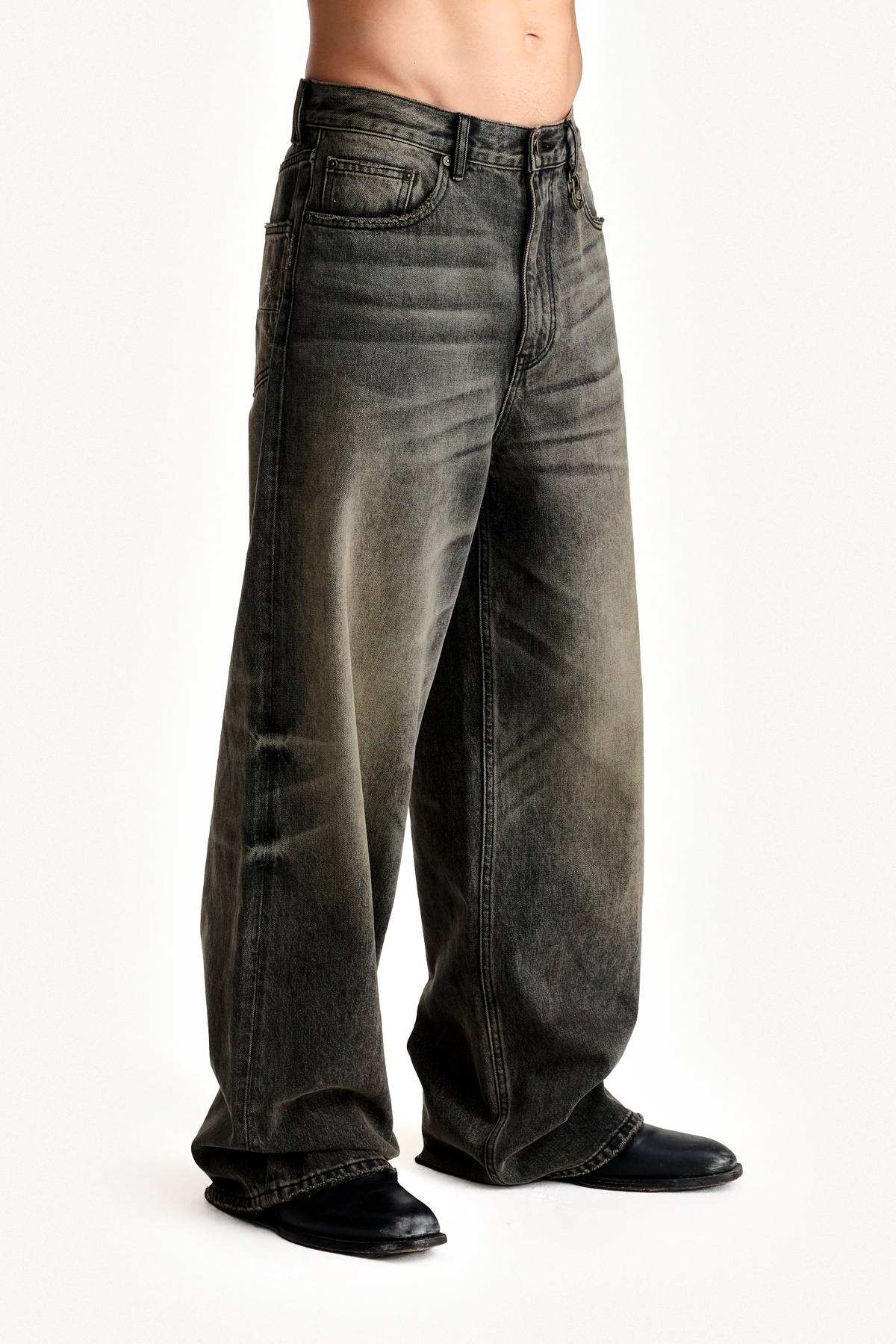 Wide Denim - Mud Wash, on-body three-quarter view