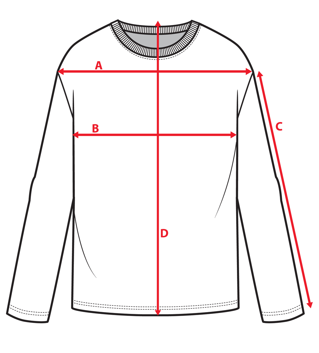 Measurement diagram for Core Long Sleeve - Charcoal. Letter key follows.