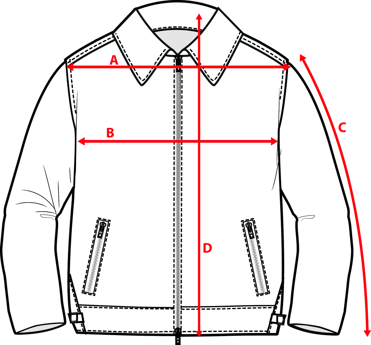 Measurement diagram for Hudson Jacket - Black. Letter key follows.
