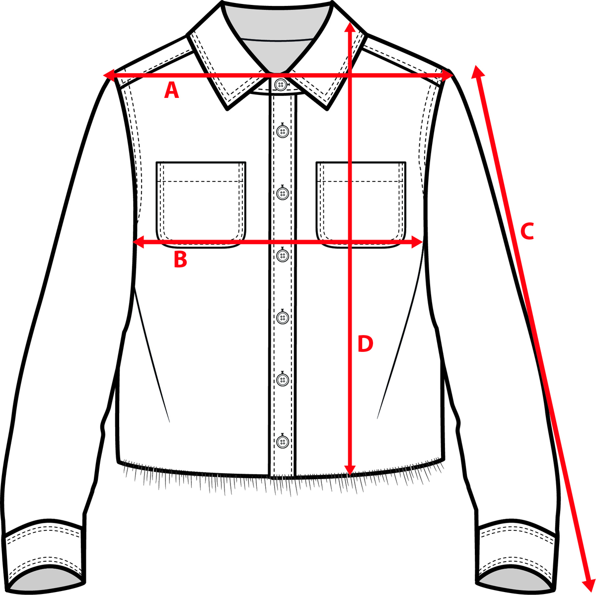 Measurement diagram for L.A. Flannel - Red. Letter key follows.