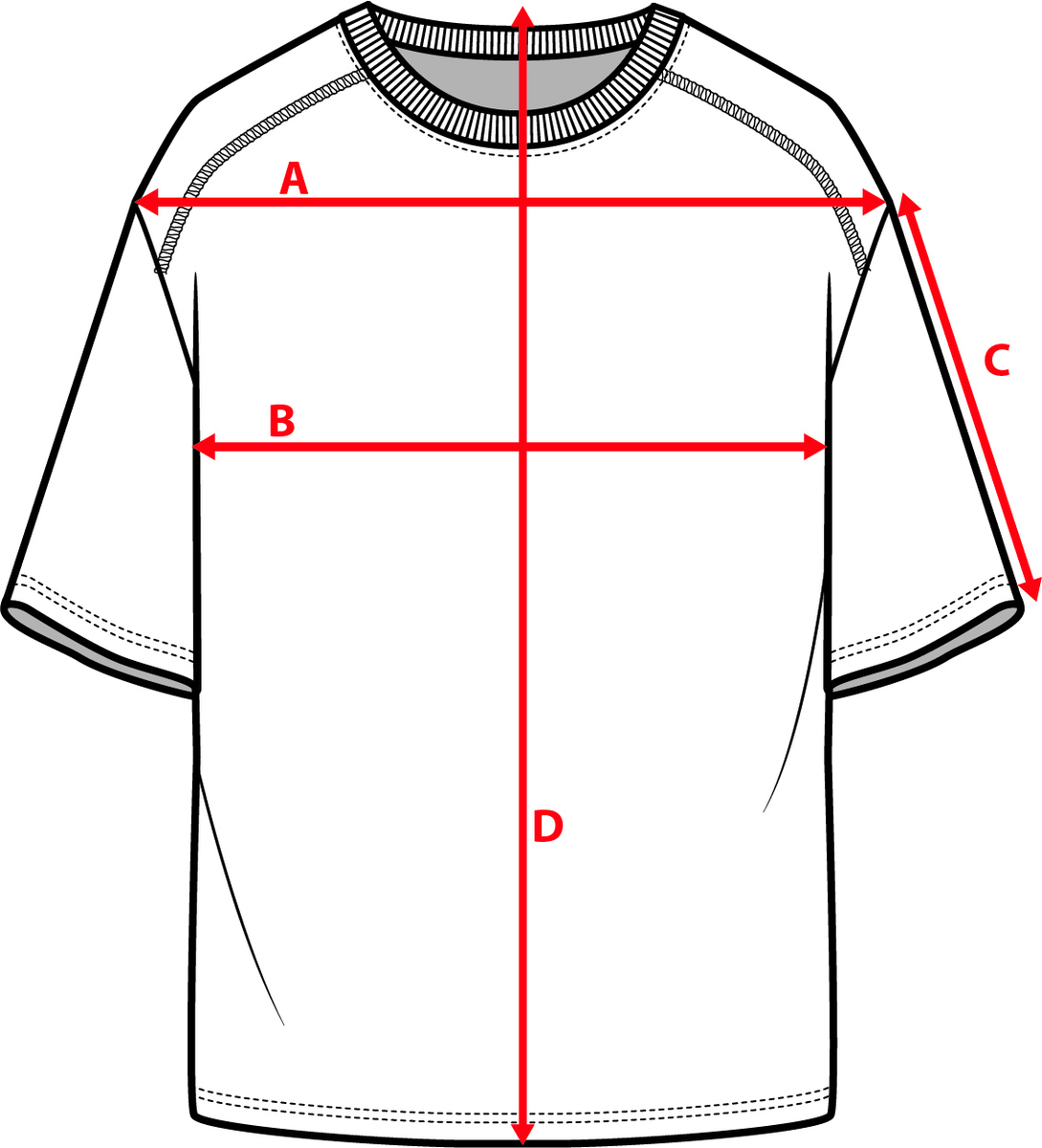 Measurement diagram for Reversible Tee - White. Letter key follows.