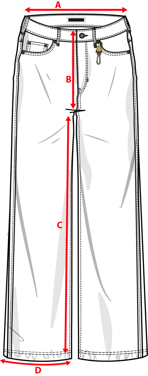 Measurement diagram for Wide Denim - Mud Wash. Letter key follows.