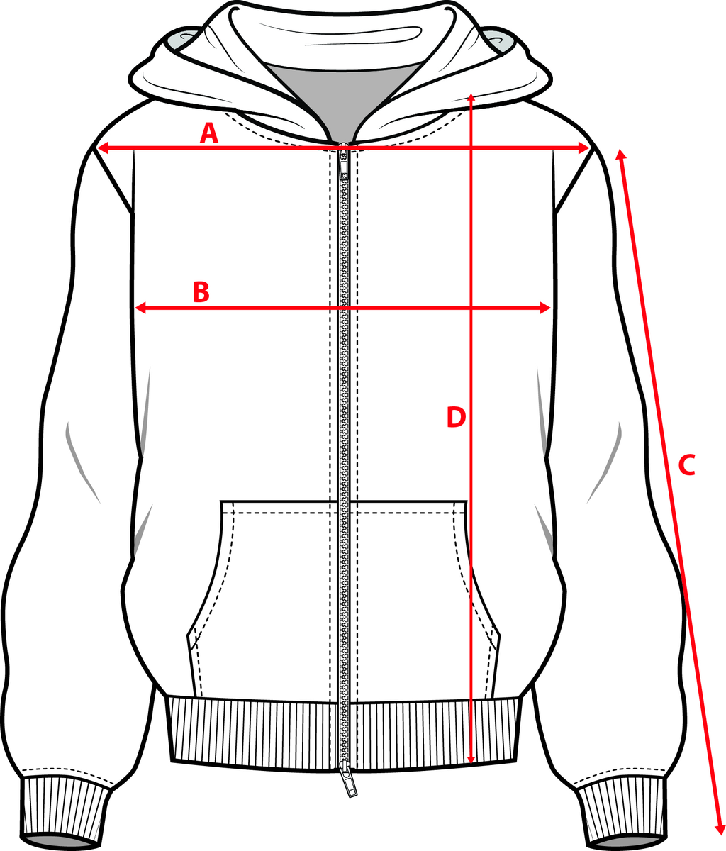 Measurement diagram for Zip Hoodie - Black. Letter key follows.
