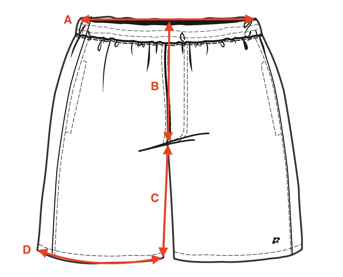 Measurement diagram for Everyday Board Short - Faded Black. Letter key follows.