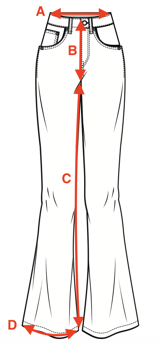 Measurement diagram for Bootcut Denim - Black Wash. Letter key follows.