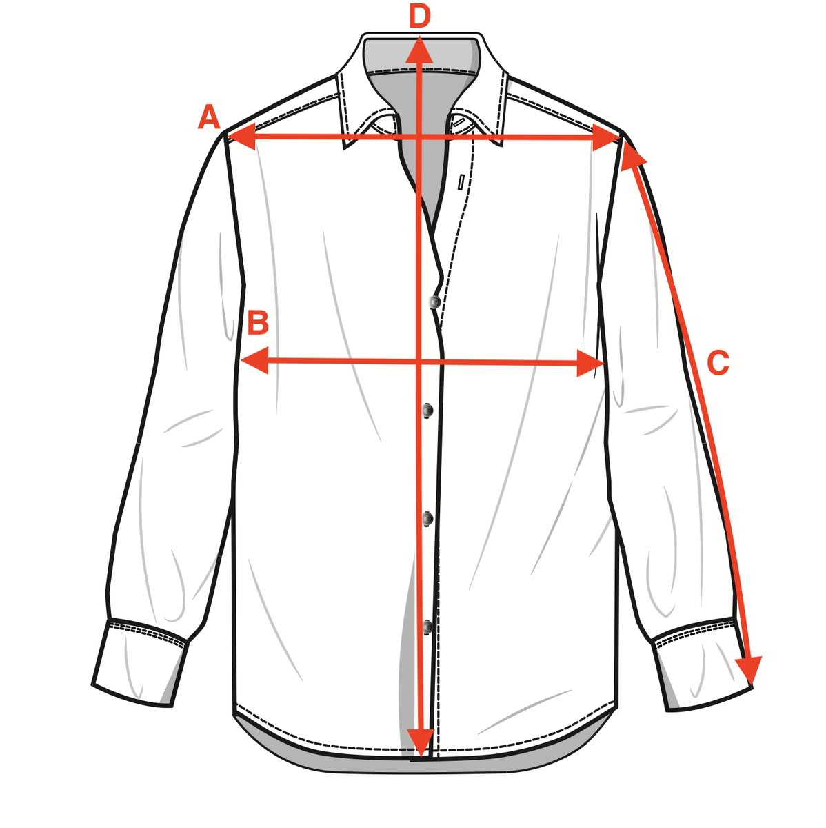 Measurement diagram for Signature Satin Shirt - Silver. Letter key follows.