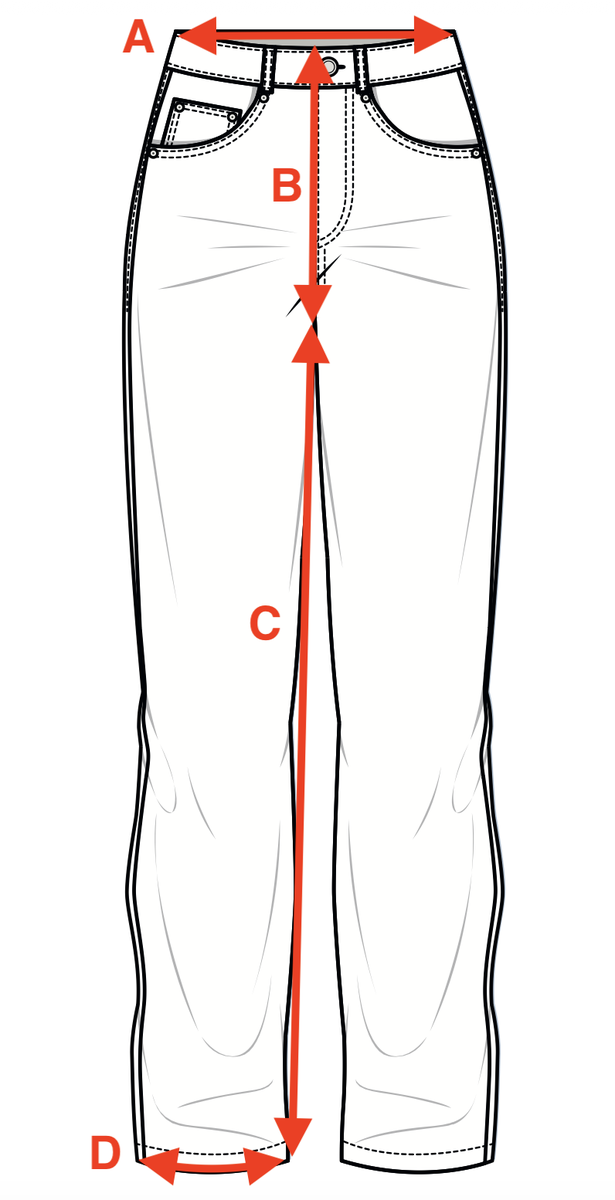 Measurement diagram for Straight Denim - Medium Blue Wash. Letter key follows.