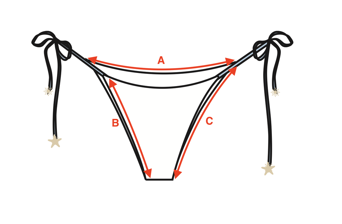 Measurement diagram for Retro String Bottom - Light Blue. Letter key follows.