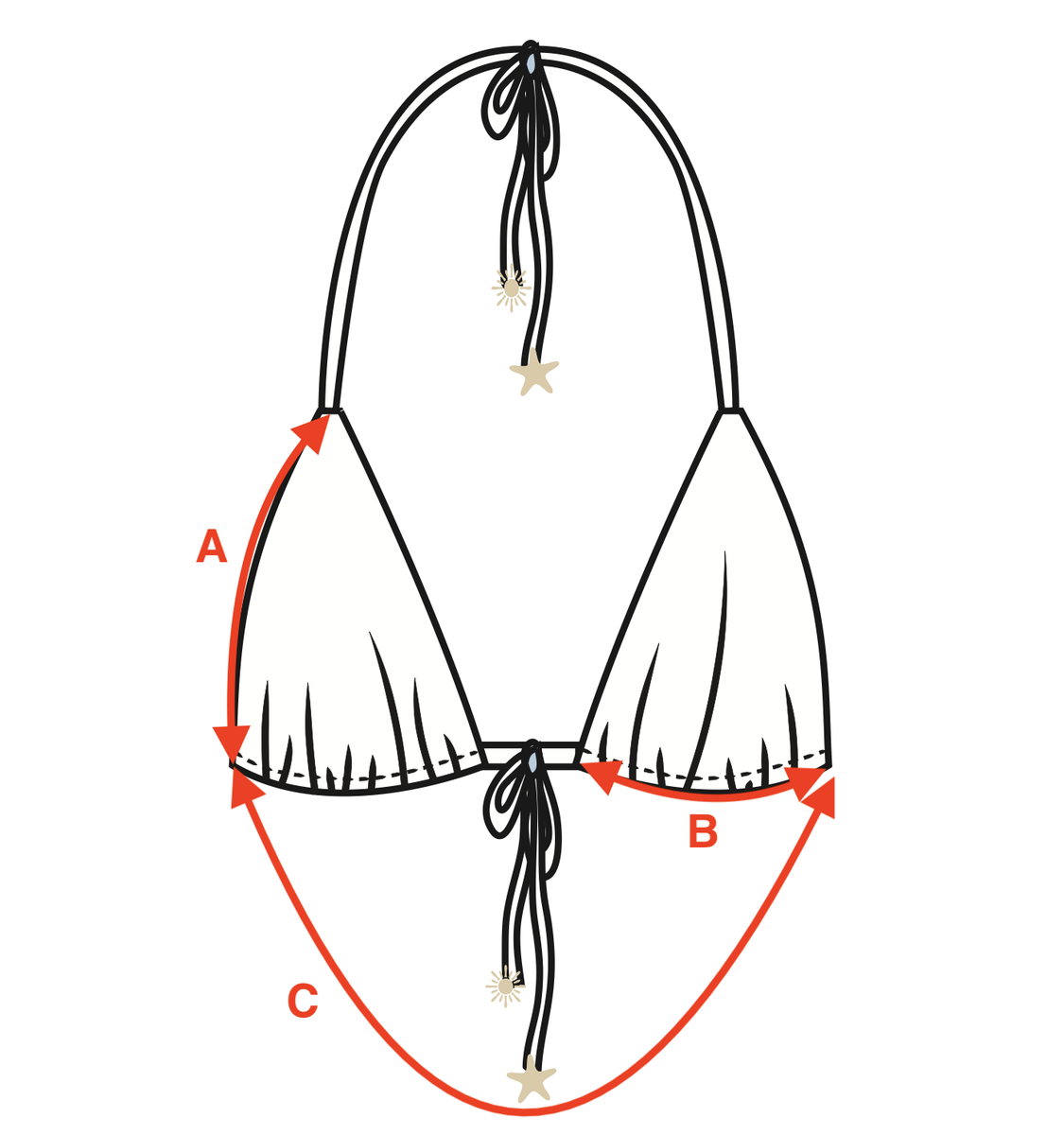 Measurement diagram for Retro String Top - Burgundy. Letter key follows.