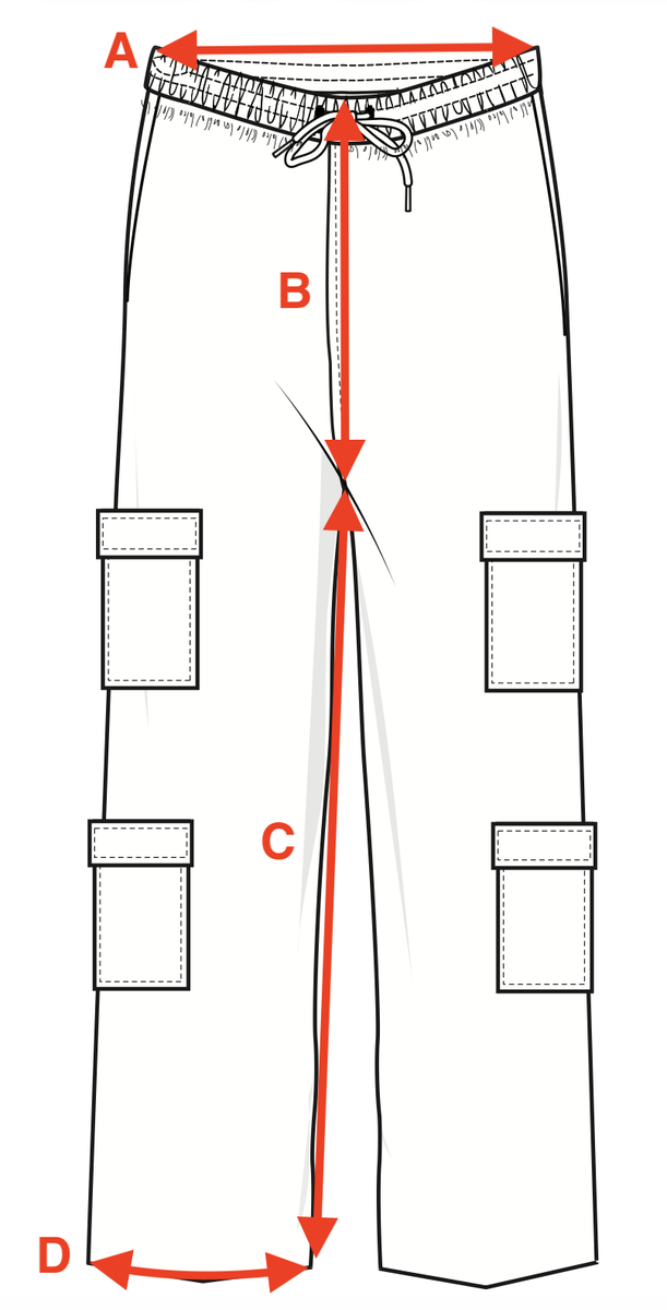 Measurement diagram for Summer Cargo Pants - White. Letter key follows.