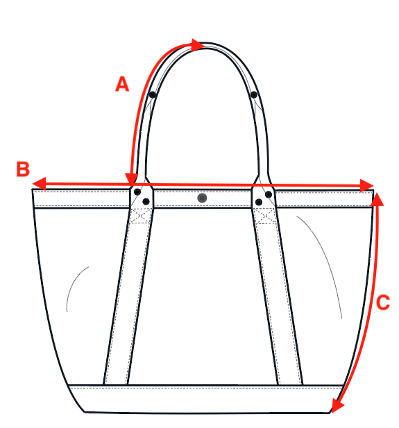 Measurement diagram for Everyday Tote - Faded Black. Letter key follows.