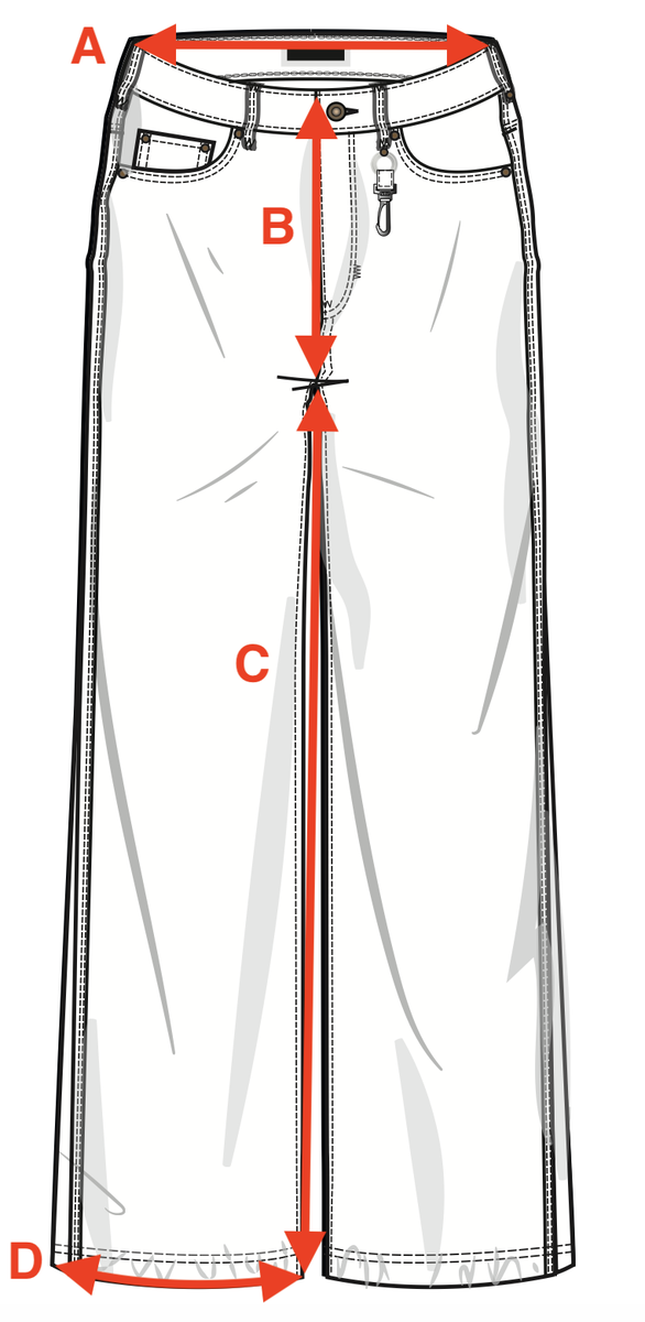 Measurement diagram for Wide Selvedge Denim - Raw Blue. Letter key follows.